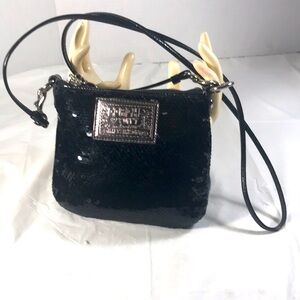 Coach Poppy Black Sequin Crossbody Small Mini Purse Shoulder Bag Leather Strap